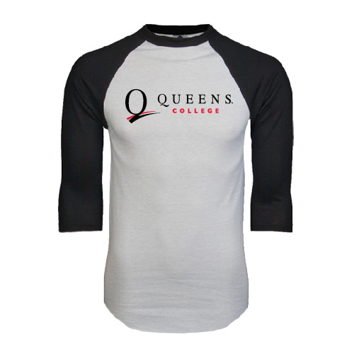 White/Black Raglan Baseball T Shirt-Queens College Stacked