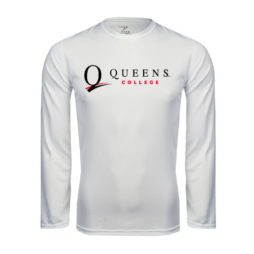 White Performance Long Sleeve Shirt-Queens College Stacked