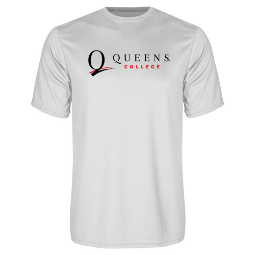 White Performance Tee-Queens College Stacked