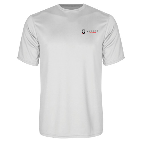White Performance Tee-Queens College Stacked
