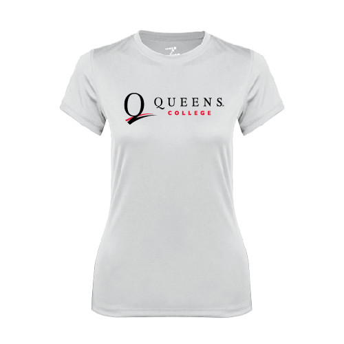 Womens White Performance Tee-Queens College Stacked
