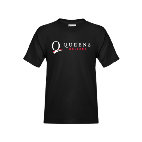 Youth Black T Shirt-Queens College Stacked