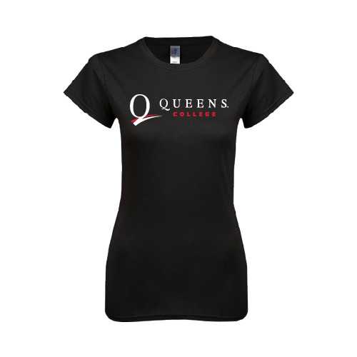 Next Level Womens Black Boyfriend Tee-Queens College Stacked