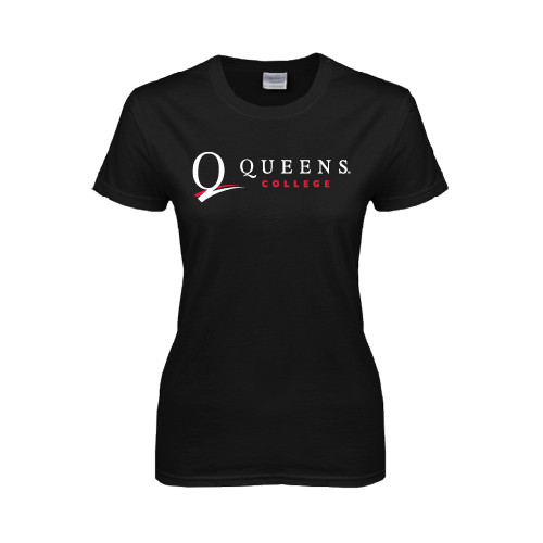 Womens Black Short Sleeve Tee-Queens College Stacked