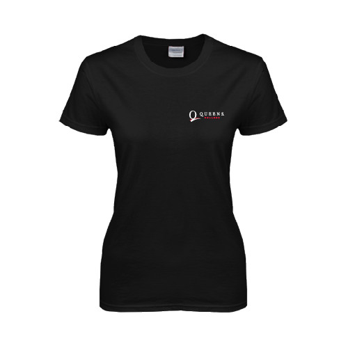 Womens Black Short Sleeve Tee-Queens College Stacked