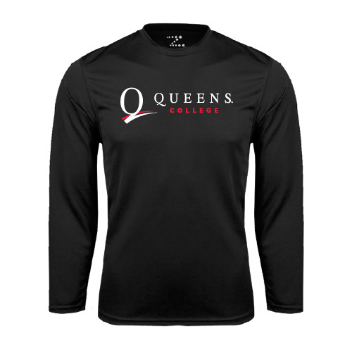 Black Performance Long Sleeve Shirt-Queens College Stacked