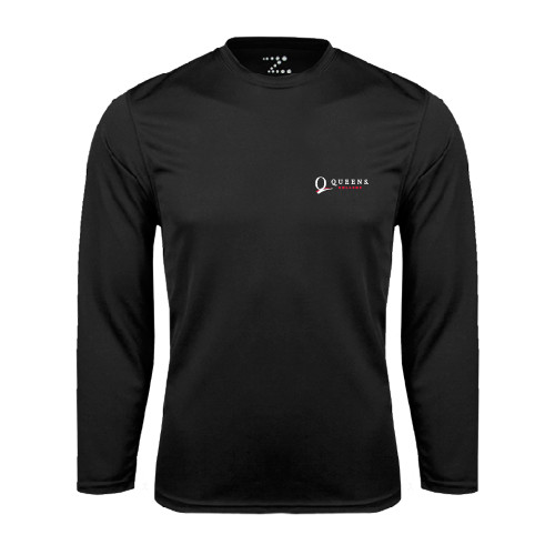 Black Performance Long Sleeve Shirt-Queens College Stacked