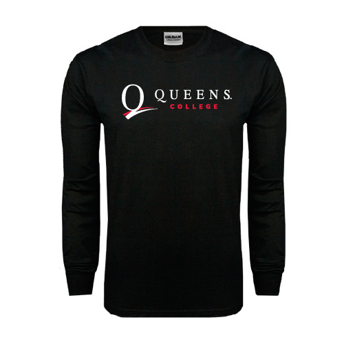 Black Long Sleeve T Shirt-Queens College Stacked
