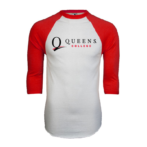 White/Red Raglan Baseball T Shirt-Queens College Stacked