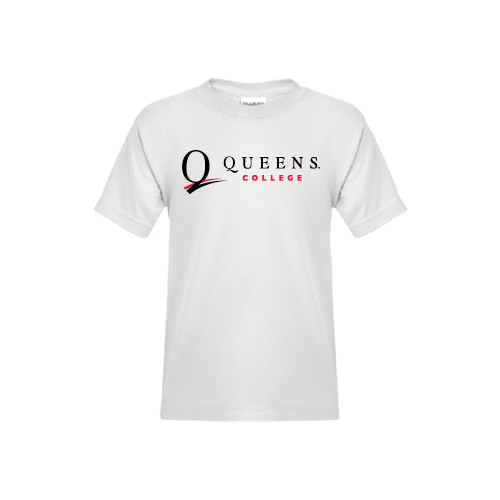 Youth White T Shirt-Queens College Stacked
