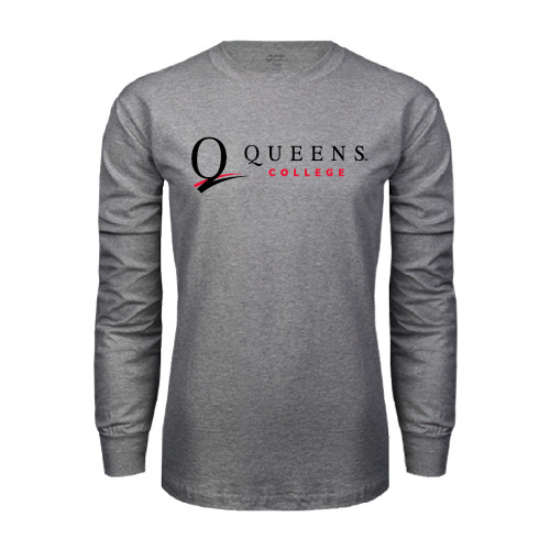 Grey Long Sleeve T Shirt-Queens College Stacked