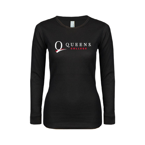 Womens Black Long Sleeve V Neck Tee -Queens College Stacked