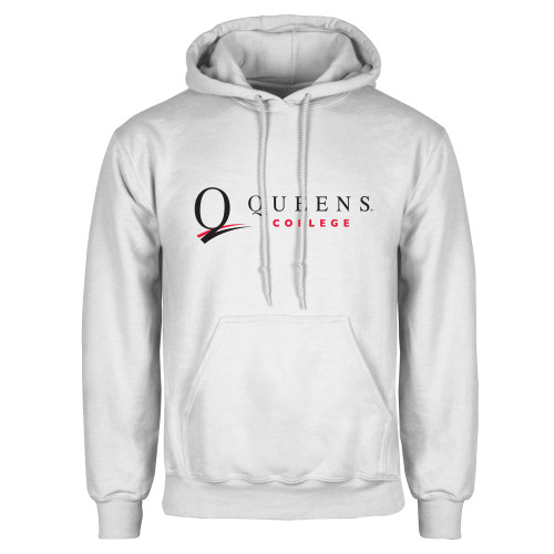 White Fleece Hoodie-Queens College Stacked