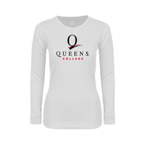 Womens White Long Sleeve V Neck Tee-Official Logo
