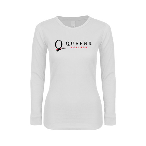 Womens White Long Sleeve V Neck Tee-Queens College Stacked