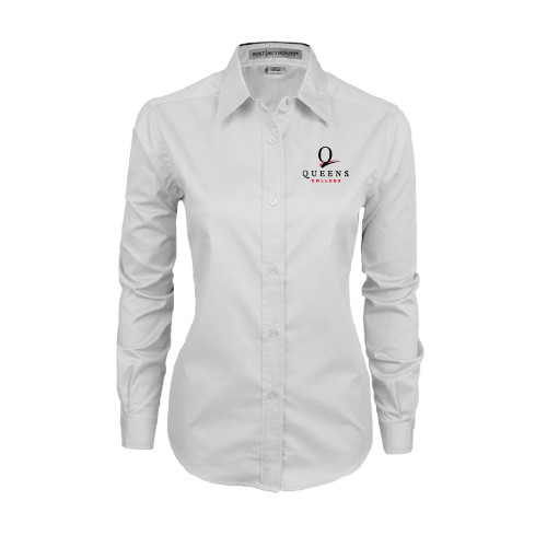 Womens White Twill Button Down Long Sleeve-Official Logo