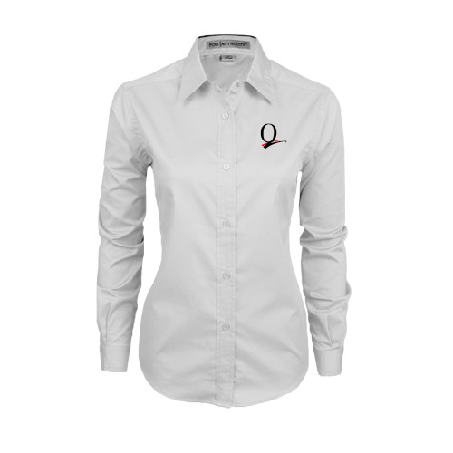 Womens White Twill Button Down Long Sleeve-Q Logo