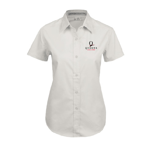Womens White Twill Button Up Short Sleeve-Official Logo