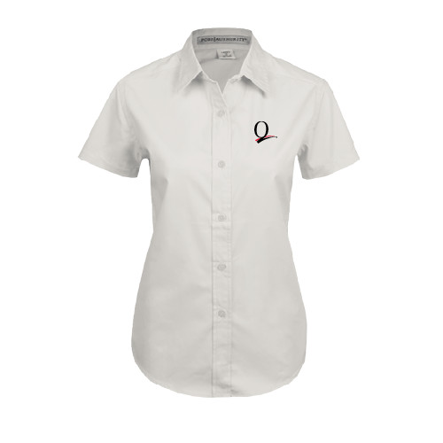Womens White Twill Button Up Short Sleeve-Q Logo