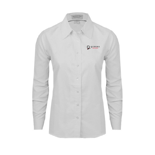 Womens White Oxford Shirt-Queens College Stacked