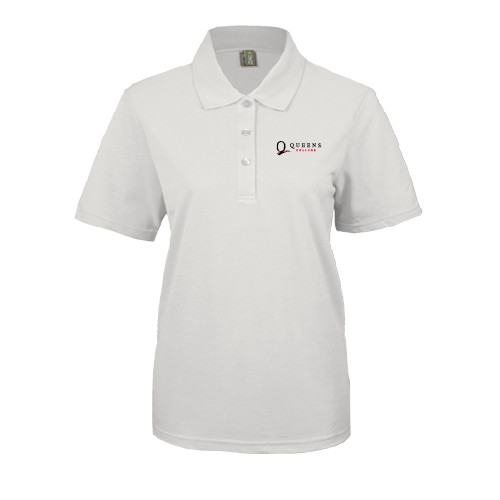 Womens Silk Touch White Pique Polo-Queens College Stacked