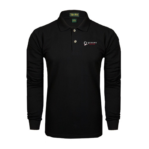Black Long Sleeve Polo-Queens College Stacked