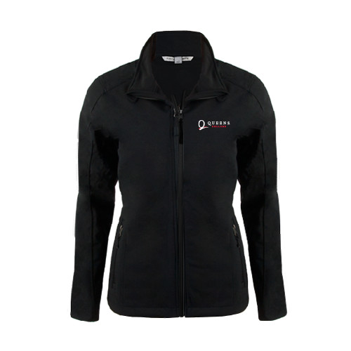 Womens Black Softshell Jacket-Queens College Stacked