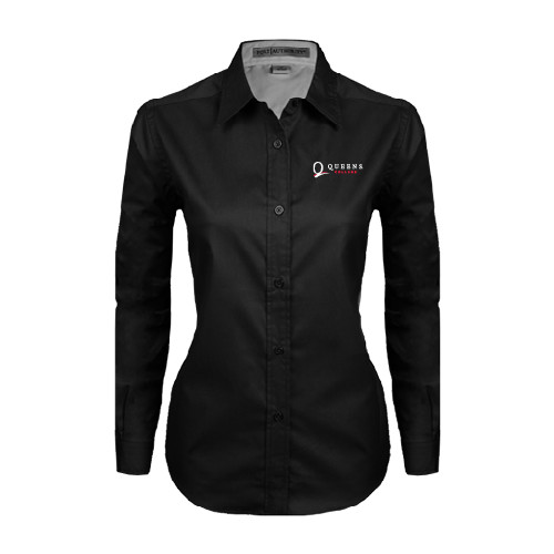 Womens Black Twill Button Down Long Sleeve -Queens College Stacked