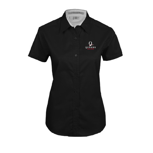 Womens Black Twill Button Up Short Sleeve-Official Logo