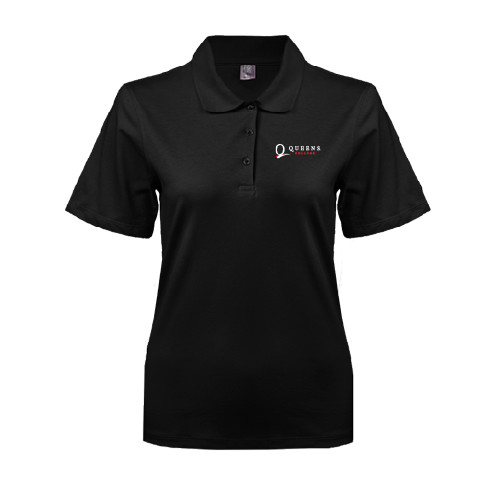 Womens Silk Touch Black Pique Polo-Queens College Stacked