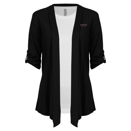 Womens Black Drape Front Cardigan Sweater-Queens College Stacked