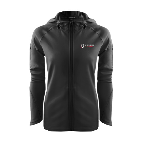 Womens Black Tech Fleece Full Zip Hooded Jacket-Queens College Stacked
