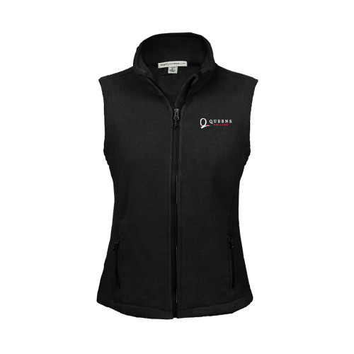 Womens Black Fleece Full Zip Vest-Queens College Stacked
