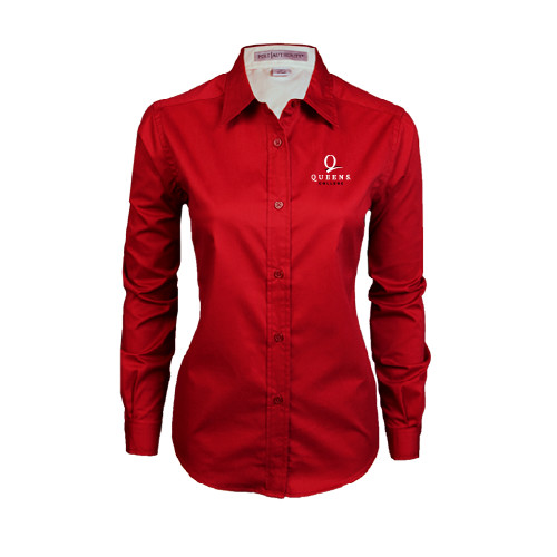 Womens Red Twill Button Down Long Sleeve -Official Logo