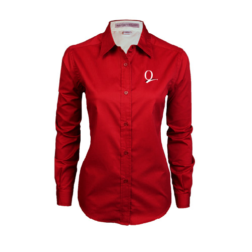 Womens Red Twill Button Down Long Sleeve -Q Logo