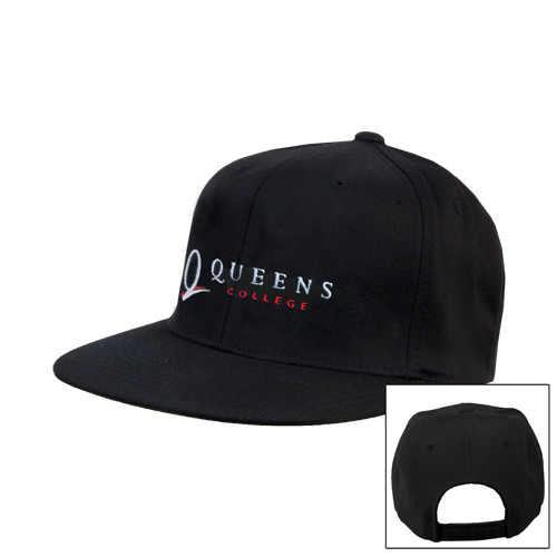 Black Flat Bill Snapback Hat-Queens College Stacked