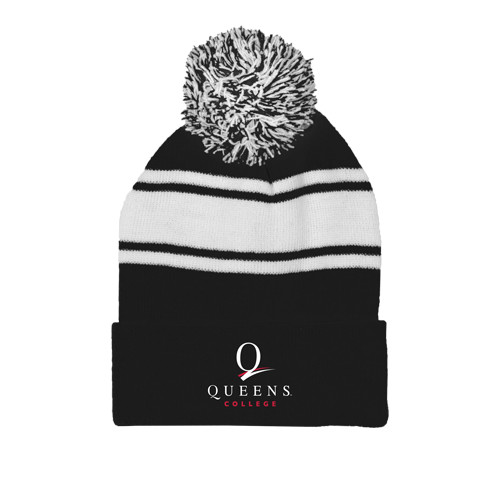 Black/White Two Tone Knit Pom Beanie w/Cuff-Official Logo