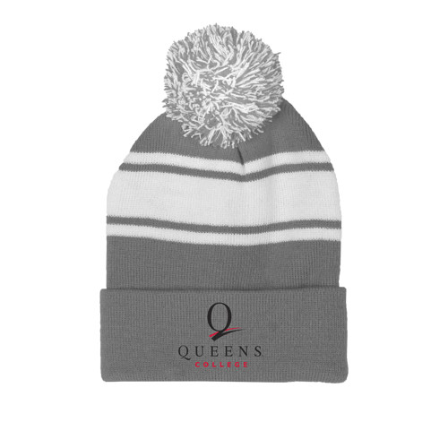 Grey/White Two Tone Knit Pom Beanie w/Cuff-Official Logo
