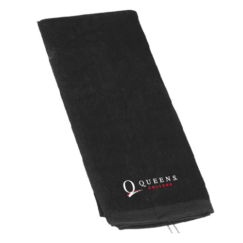 Black Golf Towel-Queens College Stacked