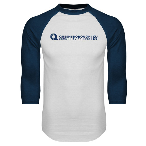 White/Navy Raglan Baseball T Shirt-Primary Logo