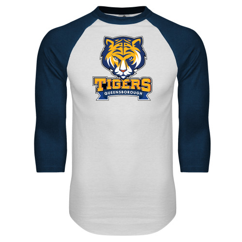 White/Navy Raglan Baseball T Shirt-Mascot head wordmark