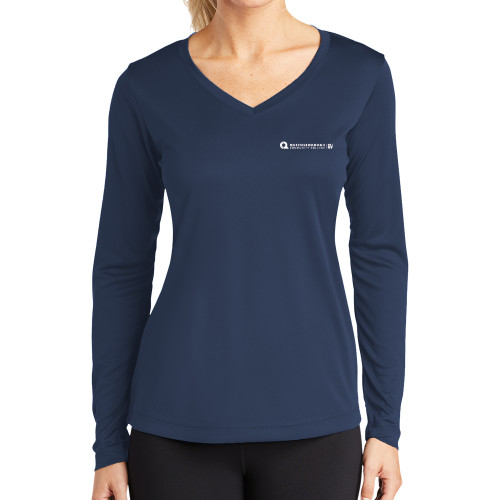 Womens Navy Performance Long Sleeve V Neck Shirt-Primary Logo