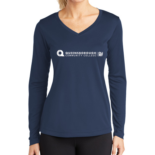 Womens Navy Performance Long Sleeve V Neck Shirt-Primary Logo