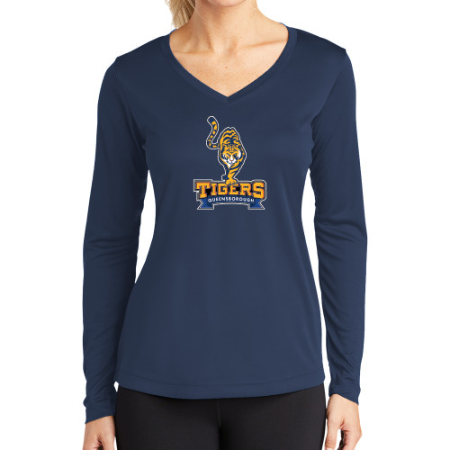 Womens Navy Performance Long Sleeve V Neck Shirt-Tiger Queensborough