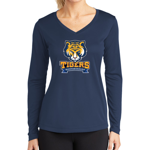 Womens Navy Performance Long Sleeve V Neck Shirt-Mascot head wordmark