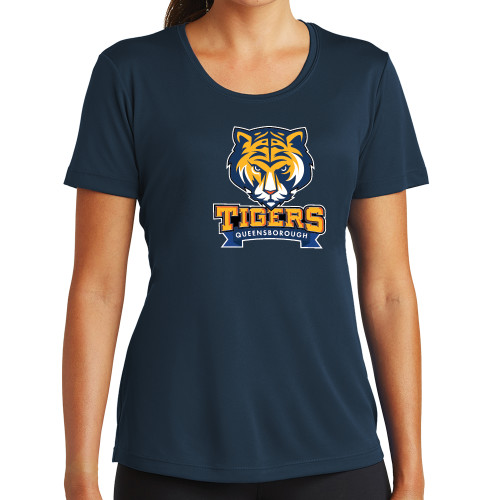 Womens Navy Performance Tee-Mascot head wordmark