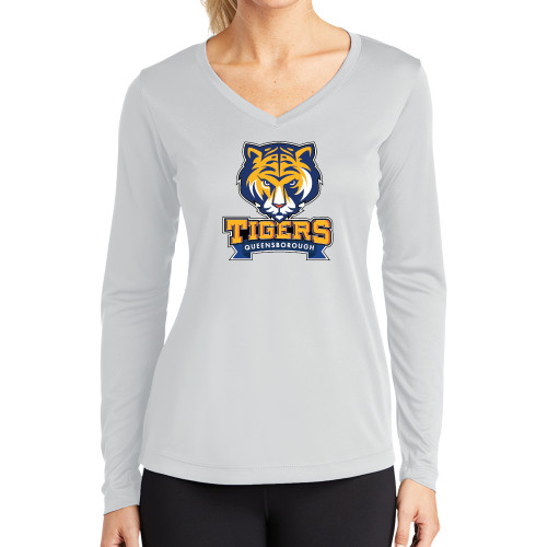 Womens White Performance Long Sleeve V Neck Shirt-Mascot head wordmark