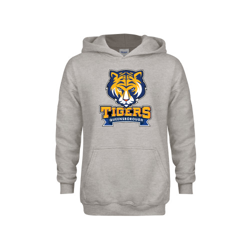 Youth Grey Fleece Hood-Mascot head wordmark