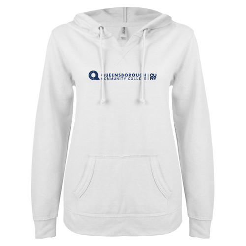 ENZA Womens White V Notch Raw Edge Fleece Hoodie-Primary Logo