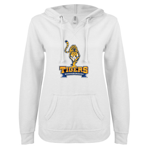 ENZA Womens White V Notch Raw Edge Fleece Hoodie-Tiger Queensborough